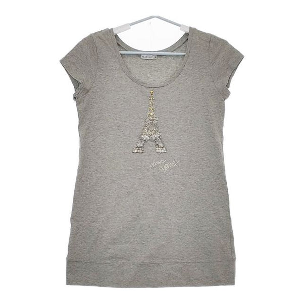 BEATRICE エッフェル塔 スパンコール チュニック丈 半袖Ｔシャツ カットソー グレー レディース ベアトリス【中古】5-0529S∞
