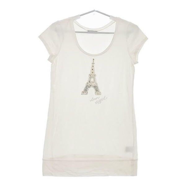 BEATRICE エッフェル塔 スパンコール チュニック丈 半袖Ｔシャツ カットソー ホワイト レディース ベアトリス【中古】5-0529S∞