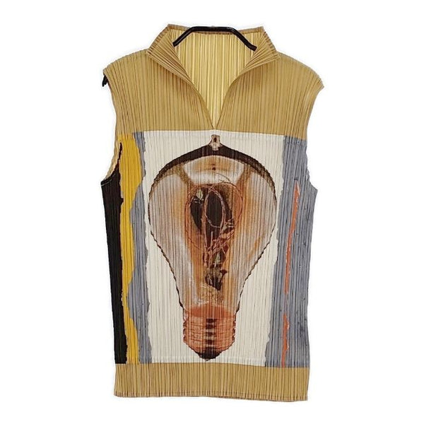PLEATS PLEASE ISSEY MIYAKE 電球プリント プリーツ PP31-JK741 ノースリーブ Ｔシャツ カットソー ベージュ レディース プリーツプリーズ【中古】5-0702S∞