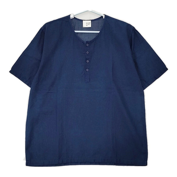 AULICO 新品 ヘンリーネック サイズL 定価8000円 コットンウール 半袖Ｔシャツ カットソー ネイビー メンズ アウリコ【中古】5-0603S♪