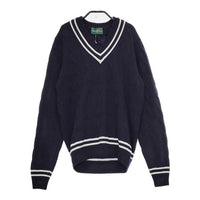 Alan Paine アランペイン 新品 クリケットVネックニット コットン 定価21000円 UK40 ケーブル セーター ニット ネイビー レディース【中古】5-0712M∞