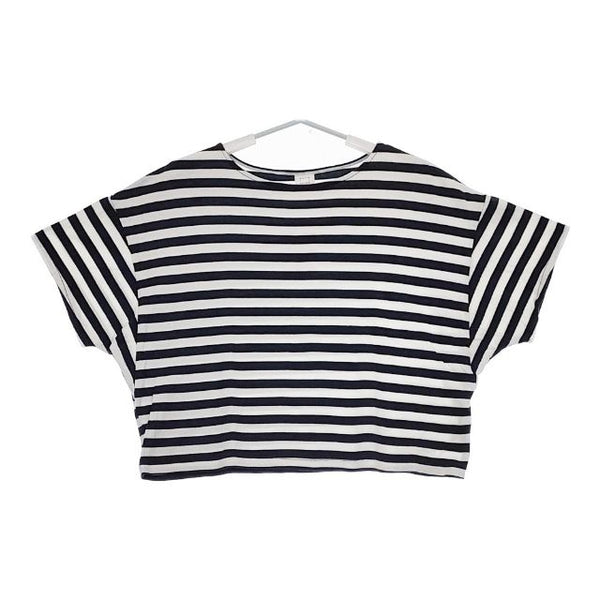 bulle de savon ショート丈 ワイド ボーダー 半袖Ｔシャツ カットソー ホワイト ネイビー レディース ビュルデサボン【中古】5-0702S∞