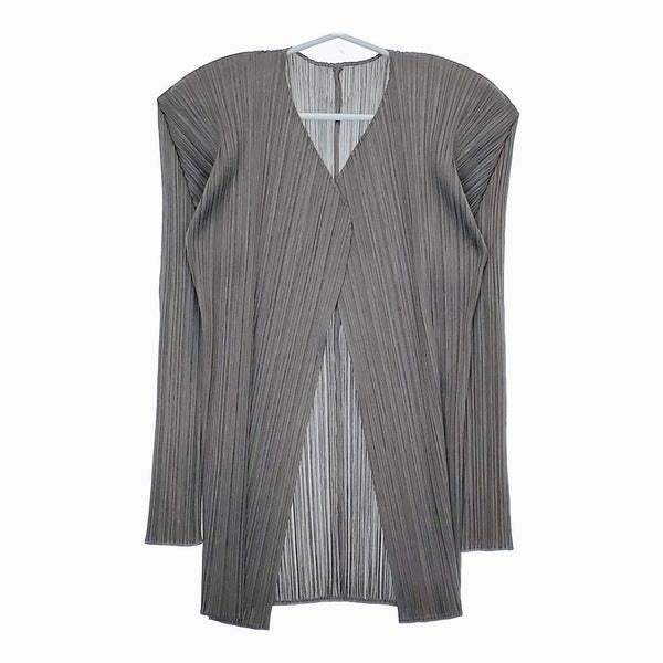 PLEATS PLEASE ISSEY MIYAKE プリーツ カーディガン 羽織 ノーカラージャケット グレー レディース プリーツプリーズ【中古】5-0215M♪