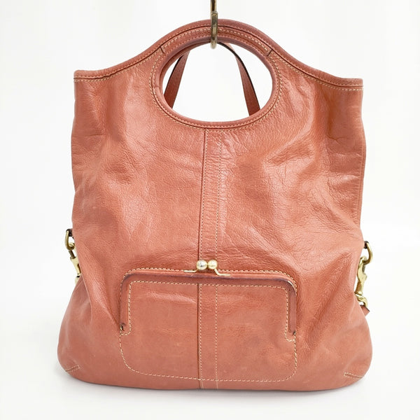 COACH 2way がま口付き エルゴレザートート ショルダーバッグ サーモンピンク レディース コーチ【中古】5-0804G◎