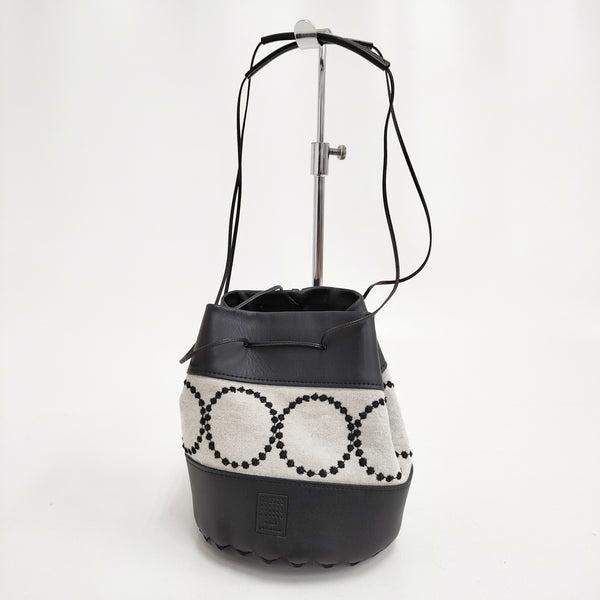 mina perhonen tambourine benna ショルダーバッグ リネン レザー 巾着 定価82500円 巾着バッグ ブラック ベージュ レディース ミナペルホネン【中古】5-0210G◎