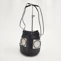 mina perhonen tambourine benna ショルダーバッグ リネン レザー 巾着 定価82500円 巾着バッグ ブラック ベージュ レディース ミナペルホネン【中古】5-0210G◎