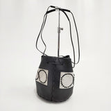 mina perhonen tambourine benna ショルダーバッグ リネン レザー 巾着 定価82500円 巾着バッグ ブラック ベージュ レディース ミナペルホネン【中古】5-0210G◎