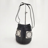 mina perhonen tambourine benna ショルダーバッグ リネン レザー 巾着 定価82500円 巾着バッグ ブラック ベージュ レディース ミナペルホネン【中古】5-0210G◎