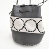 mina perhonen tambourine benna ショルダーバッグ リネン レザー 巾着 定価82500円 巾着バッグ ブラック ベージュ レディース ミナペルホネン【中古】5-0210G◎