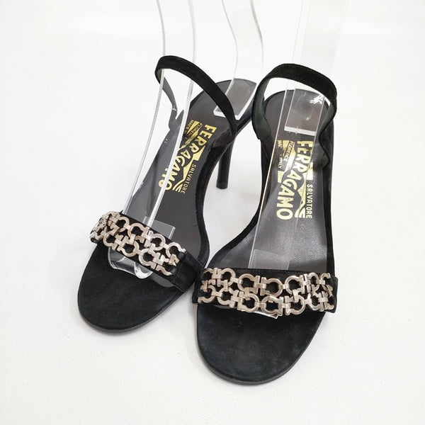 Salvatore Ferragamo チェーン付き パンプス ヒール サイズ6 1/2 ヌバックレザー パンプス ブラック レディース サルヴァトーレフェラガモ【中古】5-0809S◎