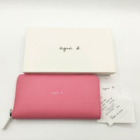 agnes b. 新品 ラウンドジップロングウォレット レザー 革 定価24000円  長財布 ピンク レディース アニエスベー【中古】5-0330G∞