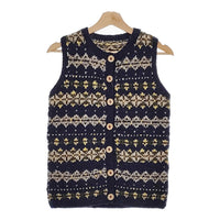 Athena Designs アイルランド製 クルーネック ウールニット ベスト ネイビー イエロー レディース アテナデザイン【中古】5-0205T♪