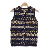 Athena Designs アイルランド製 クルーネック ウールニット ベスト ネイビー イエロー レディース アテナデザイン【中古】5-0205T♪