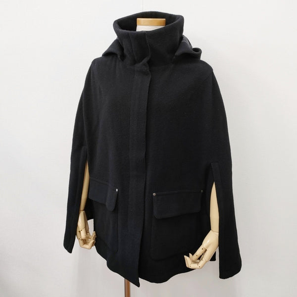 Traditional Weatherwear ポンチョコート マント メルトン フード付き サイズ36 ポンチョ ブラック レディース トラディショナルウェザーウェア【中古】5-1102A◎
