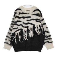 AMERI FRINGE ZEBRA KNIT ゼブラ柄 フリンジ セーター ニット ホワイト ブラック レディース アメリ【中古】5-0906T∞