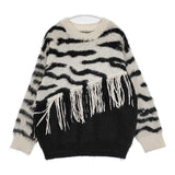 AMERI FRINGE ZEBRA KNIT ゼブラ柄 フリンジ セーター ニット ホワイト ブラック レディース アメリ【中古】5-0906T∞