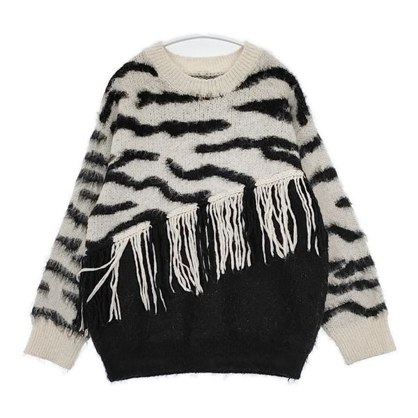 AMERI FRINGE ZEBRA KNIT ゼブラ柄 フリンジ セーター ニット ホワイト ブラック レディース アメリ【中古】5-0906T∞
