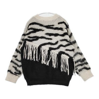 AMERI FRINGE ZEBRA KNIT ゼブラ柄 フリンジ セーター ニット ホワイト ブラック レディース アメリ【中古】5-0906T∞