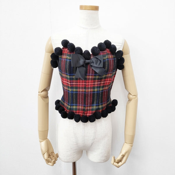 Jane Marple チェック リボン ポンポン シャーリング ビスチェ その他トップス レッド レディース ジェーンマープル【中古】5-1023T◎