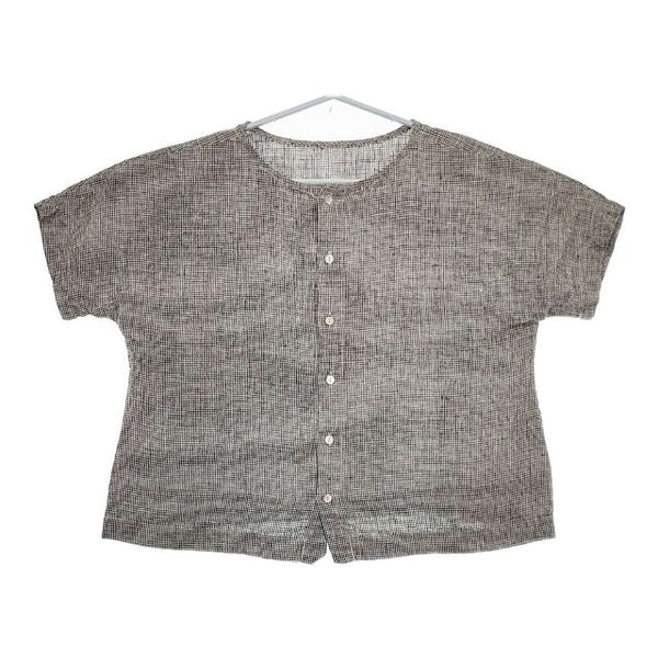 fog linen work 半袖 リトアニアリネン 千鳥格子 ブラウス シャツ ブラック ホワイト レディース フォグリネンワーク【中古】5-0517S∞