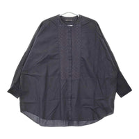 mizuiro-ind カットワーク レース切替 ノーカラー ドロップショルダー ブラウス シャツ ネイビー レディース ミズイロインド【中古】5-0411M♪