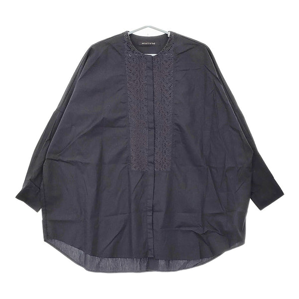 mizuiro-ind カットワーク レース切替 ノーカラー ドロップショルダー ブラウス シャツ ネイビー レディース ミズイロインド【中古】5-0411M♪