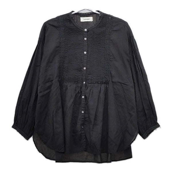 tumugu カディコットンブラウス ピンタック レース ブラウス シャツ ブラック レディース ツムグ【中古】5-0417M∞