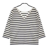 Le Minor サイズ1 クルーバック Vネック 長袖Ｔシャツ カットソー ロンＴ ホワイト ネイビー レディース ルミノア【中古】5-0408M♪