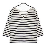 Le Minor サイズ1 クルーバック Vネック 長袖Ｔシャツ カットソー ロンＴ ホワイト ネイビー レディース ルミノア【中古】5-0408M♪