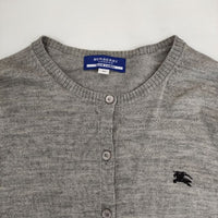 BURBERRY BLUE LABEL クルーネック ロゴ刺繍 三陽商会 ウールニット カーディガン グレー レディース バーバリーブルーレーベル【中古】5-1002T∞