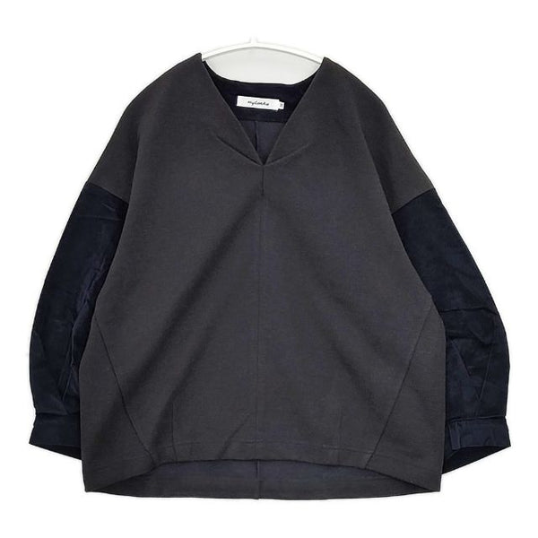 MyLanka 袖切替 Vネック プルオーバー ブラウス カットソー ネイビー グレー レディース ミランカ【中古】5-1009T∞