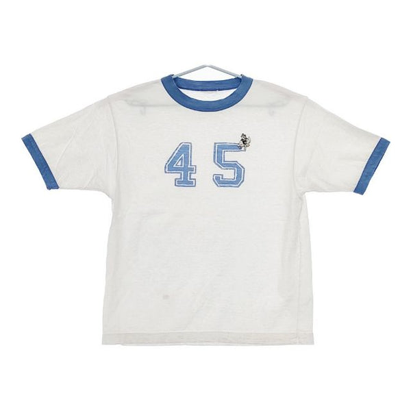45R/45rpm 葉山ものがたり カモンメくんゼッケンクレリックプリントの908Tシャツ 半袖Ｔシャツ カットソー ホワイト ブルー レディース フォーティーファイブアールピーエム【中古】5-0528S∞