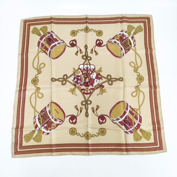 manipuri ドラム柄スカーフ シルク100％ 日本製 スカーフ ベージュ エンジ レディース マニプリ【中古】5-0723G◎