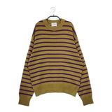 ROYAL MER ミドルゲージ コットン ボーダー フランス製 M クルーネック ニット カーキ パープル レディース ロワイヤルメール【中古】5-0513M♪