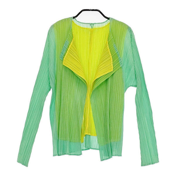 PLEATS PLEASE ISSEY MIYAKE レイヤードカーディガン プリーツジャケット グリーン イエロー レディース プリーツプリーズ【中古】5-0511M♪