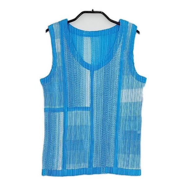 PLEATS PLEASE ISSEY MIYAKE プリーツ ノースリーブ メッシュ PP71-JK721 Ｔシャツ カットソー ブルー ホワイト レディース プリーツプリーズ【中古】5-0604S∞