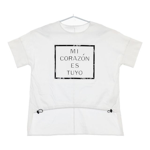 design aera デザインアエラ 未使用品 エンボスPt 前裾ドロスト 半袖Ｔシャツ カットソー ホワイト レディース【中古】5-0709S∞