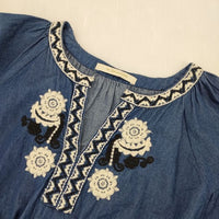 NE QUITTEZ PAS 刺繍 コットンボイル ドレス インド製 ウエスト紐付 ワンピース ネイビー レディース ヌキテパ【中古】5-0921M∞