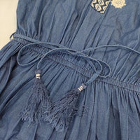 NE QUITTEZ PAS 刺繍 コットンボイル ドレス インド製 ウエスト紐付 ワンピース ネイビー レディース ヌキテパ【中古】5-0921M∞