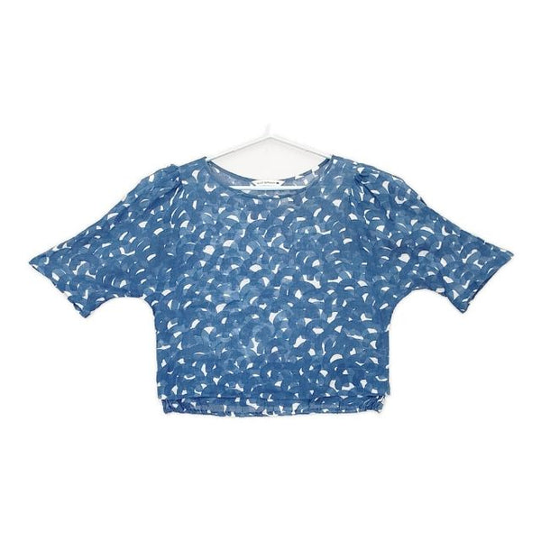 mina perhonen aalto リネンプルオーバー 五分袖 ブラウス シャツ ブルー ホワイト レディース ミナペルホネン【中古】5-0616S∞