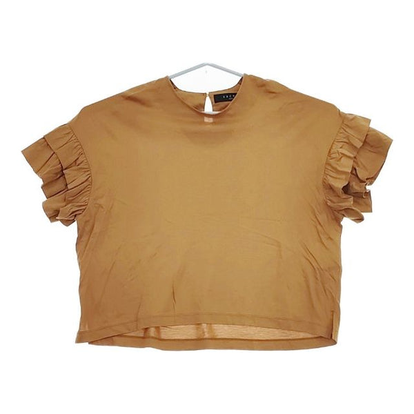 sacra リヨセルコットン ステップフリル ブラウス 半袖Ｔシャツ カットソー ブラウン レディース サクラ【中古】5-0616S∞
