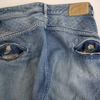 mina perhonen always 9分丈ロールアップデニム 38 リメイク加工 刺繍 dn4115 デニムパンツ ブルー レディース ミナペルホネン【中古】5-0415G♪