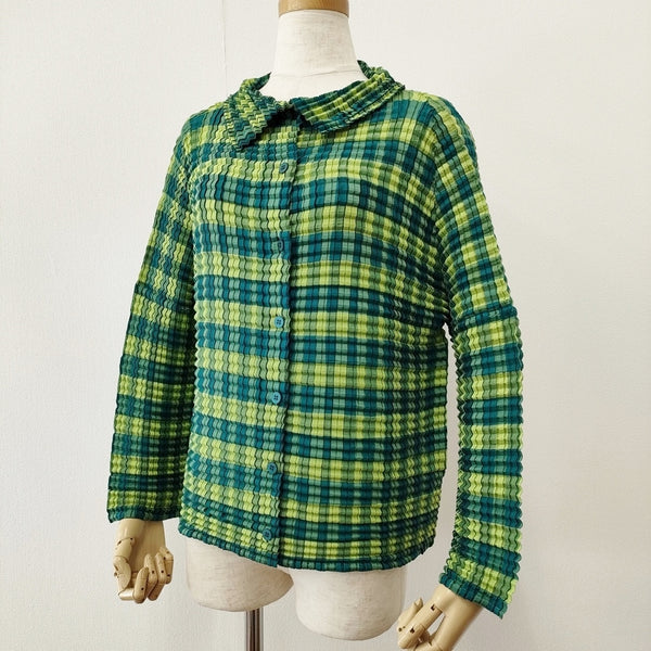 me ISSEY MIYAKE プリーツ加工 MI41FO562 チェック柄 長袖シャツ グリーン レディース ミー イッセイミヤケ【中古】5-1021M△