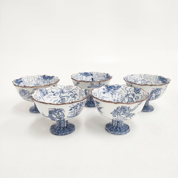 鳥獣戯画 高足杯 茶碗 5個セット 食器 ホワイト ブルー レディース【中古】5-0508G◎