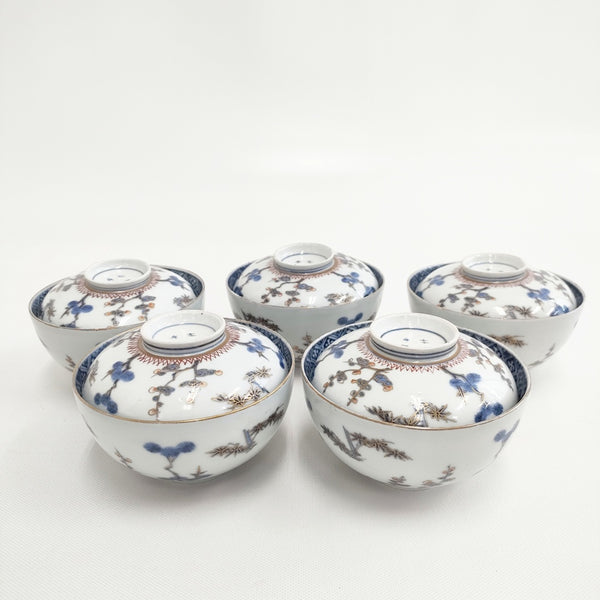 古伊万里 松竹梅 太明年製 蓋茶碗 蓋付き 5客セット 食器 ホワイト ブルー レディース【中古】5-0510G◎