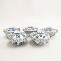 古伊万里 丸紋 蓋茶碗 蓋付き5客セット 食器 ホワイト ブルー レディース【中古】5-0510G◎