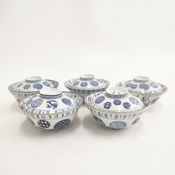 古伊万里 丸紋 蓋茶碗 蓋付き5客セット 食器 ホワイト ブルー レディース【中古】5-0510G◎