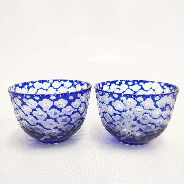 江戸切子 梅 カップ グラス 2客セット ギヤマン グラス ブルー レディース【中古】5-0510G◎