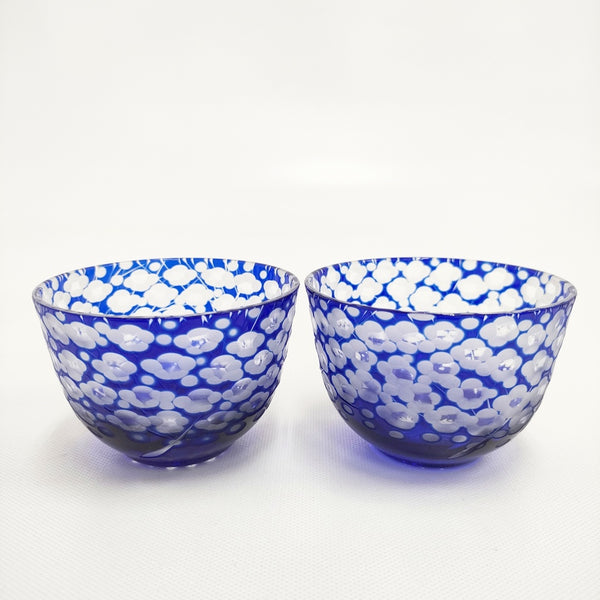 江戸切子 梅 カップ グラス 2客セット ギヤマン グラス ブルー レディース【中古】5-0510G◎