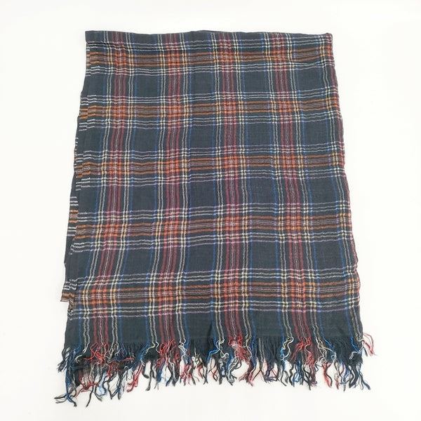 Faliero Sarti 羊毛レーヨンシルク チェック マフラー ストール ネイビー レッド レディース ファリエロサルティ【中古】5-0918G◎